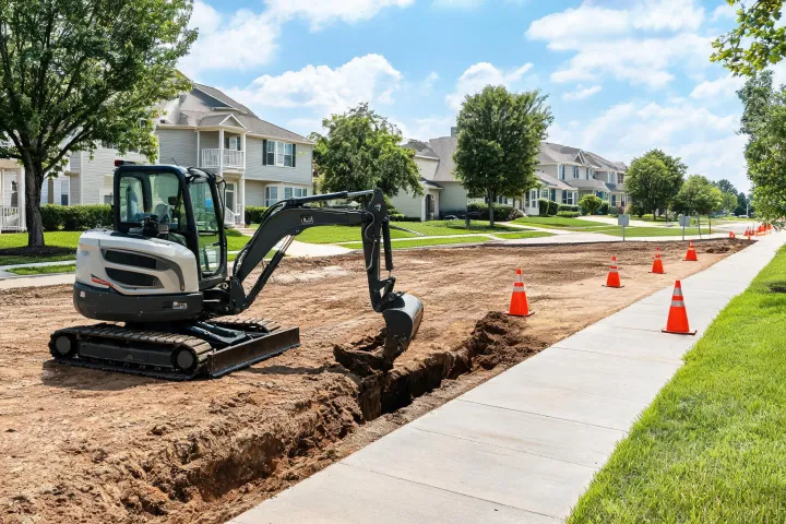 Zero-tail-swing mini excavator in urban trench