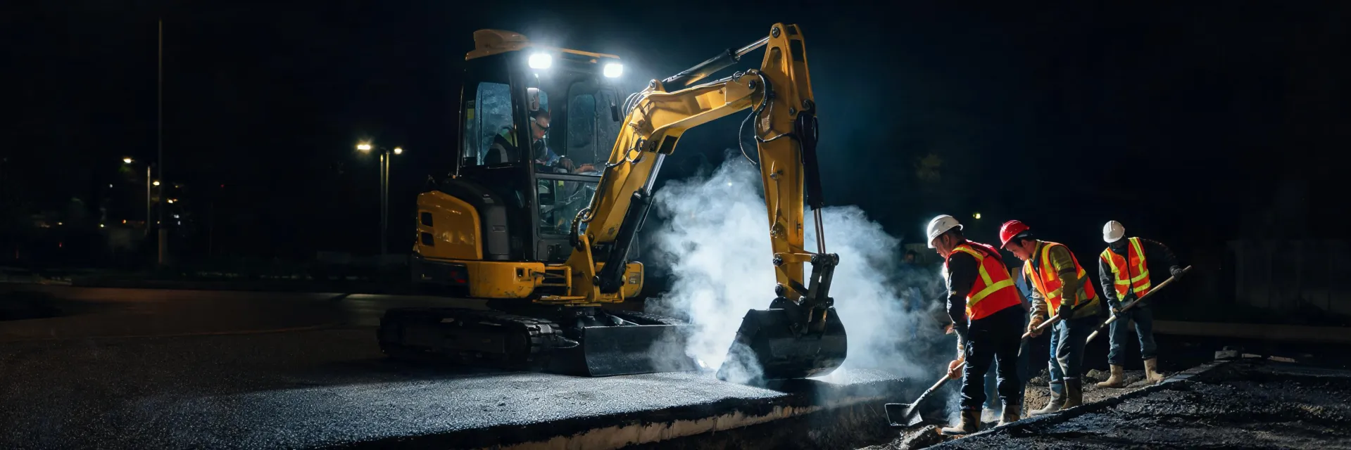 Night corridor crew with LED lighting and excavator support